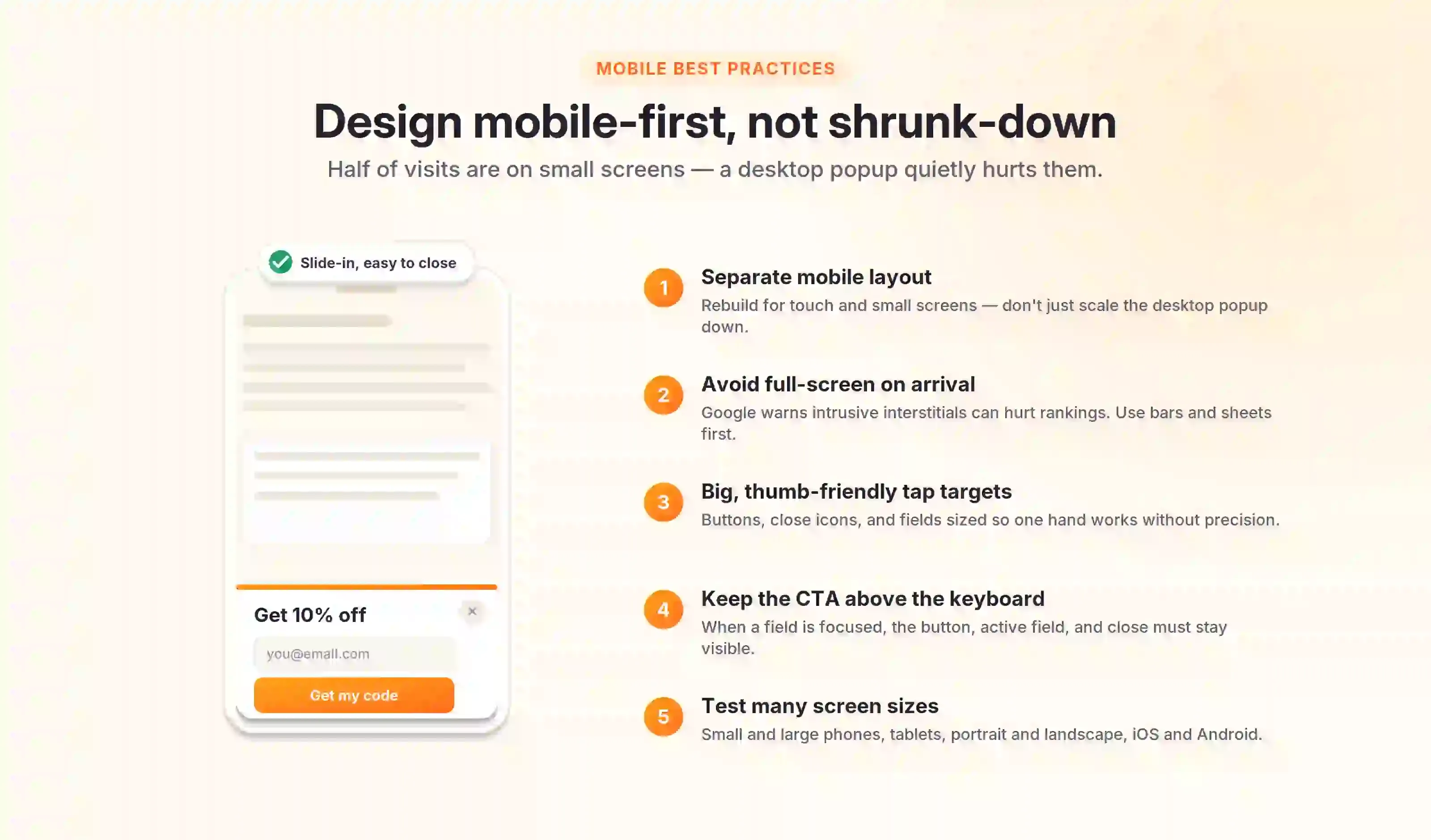 Phone showing a compact slide-in popup with five mobile popup best practices