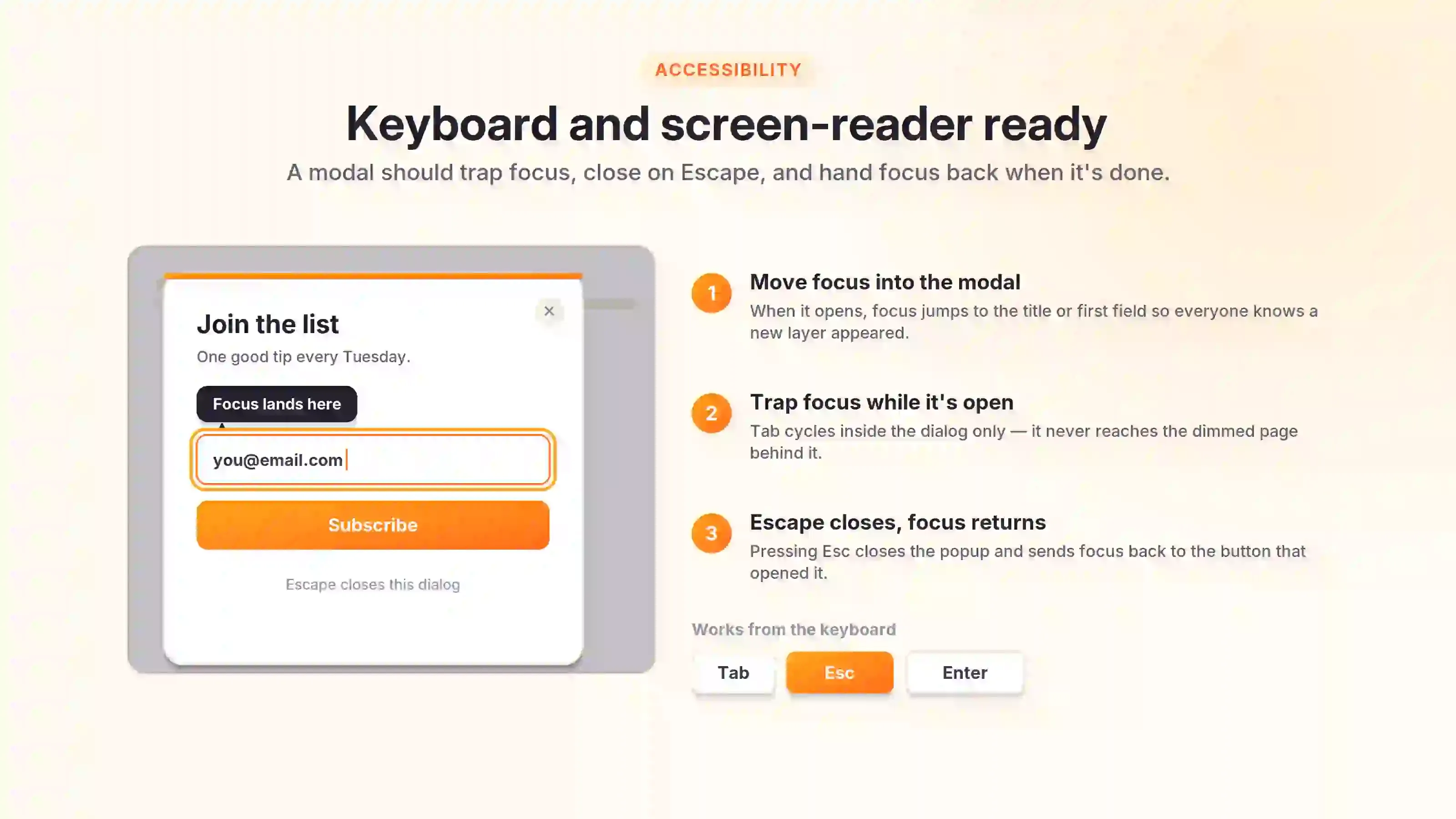 Accessible modal with focus ring, focus trapping, and Escape-to-close keyboard support