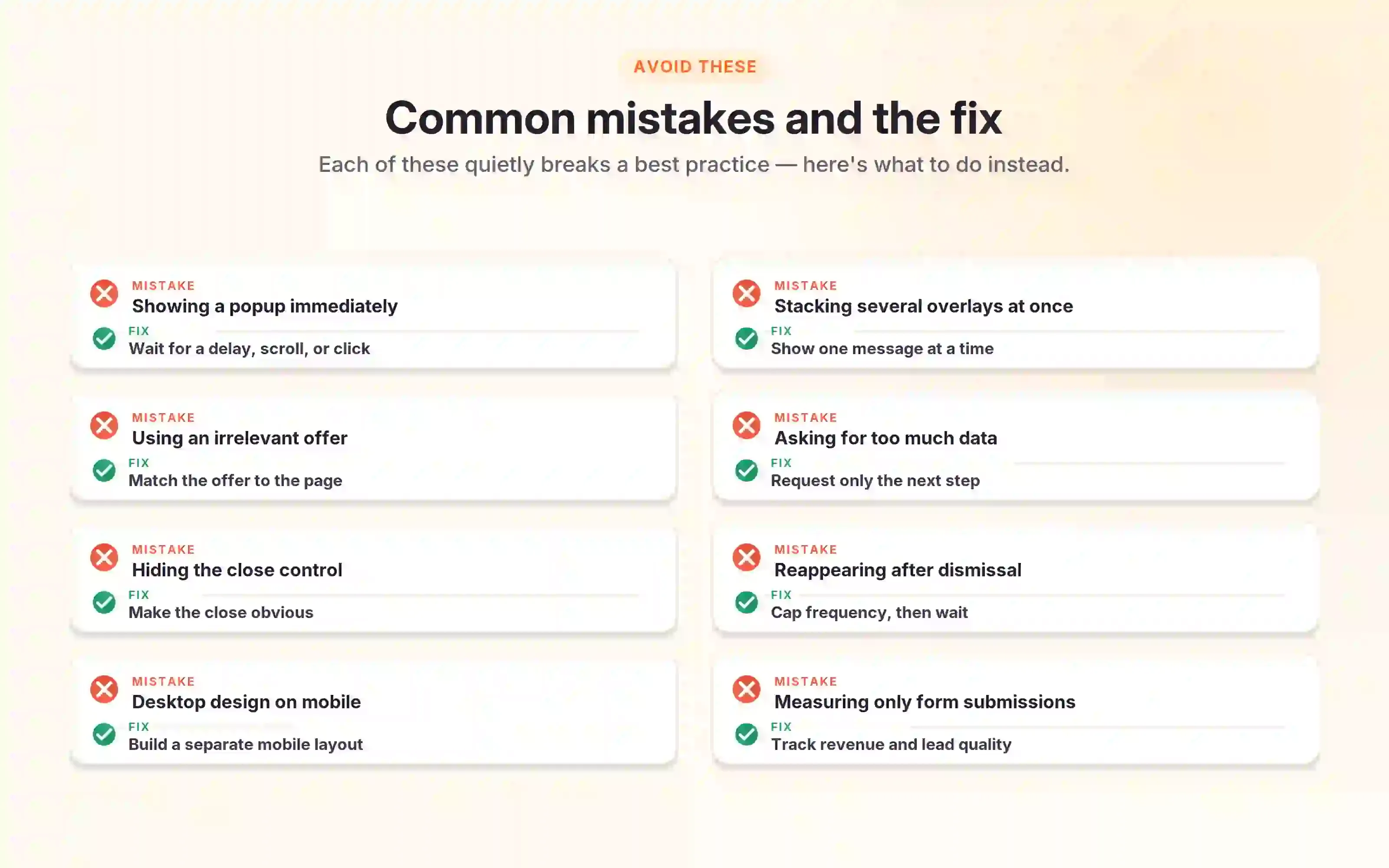 Eight common popup mistakes paired with the best-practice fix for each