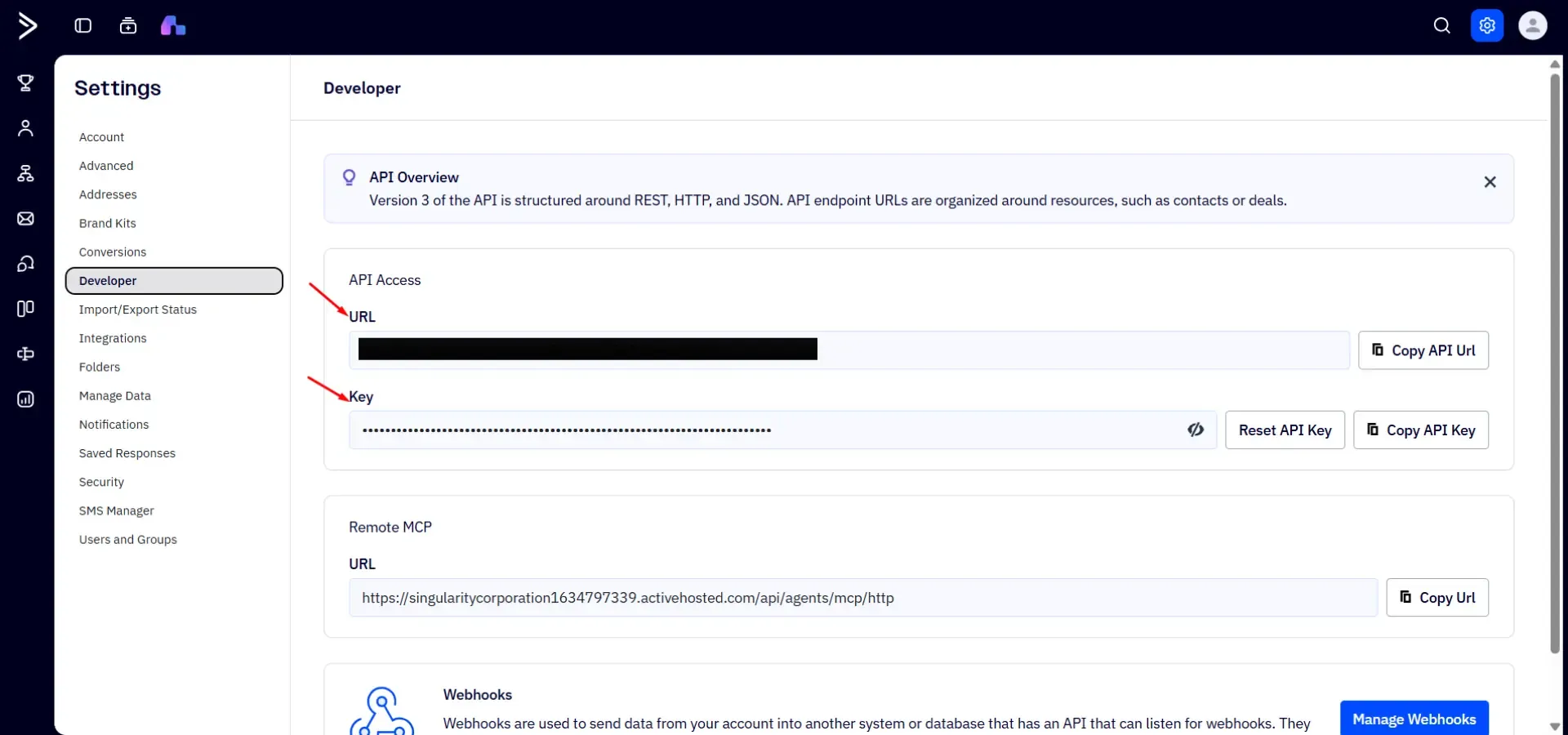 Copy the API URL and the API key.