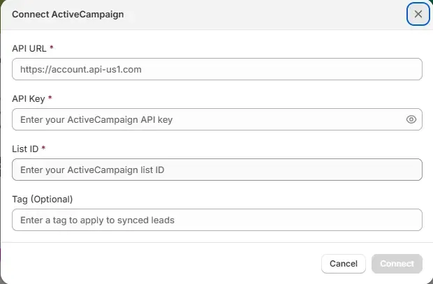 You need the API URL, API Key, List ID and Tag.