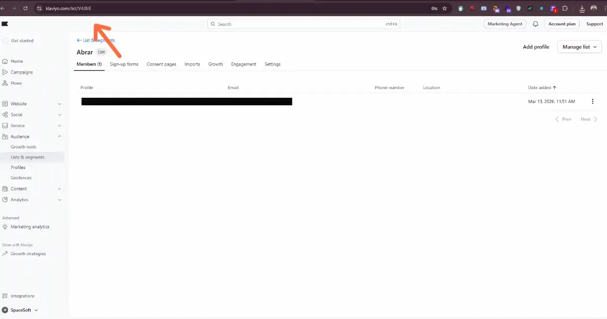Klaviyo list id in url