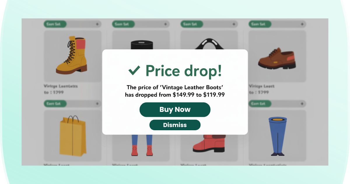 A professional, eye-soothing 3D illustration of a price tag, downward arrow, and notification bell, designed for a Shopify price drop alert popup.