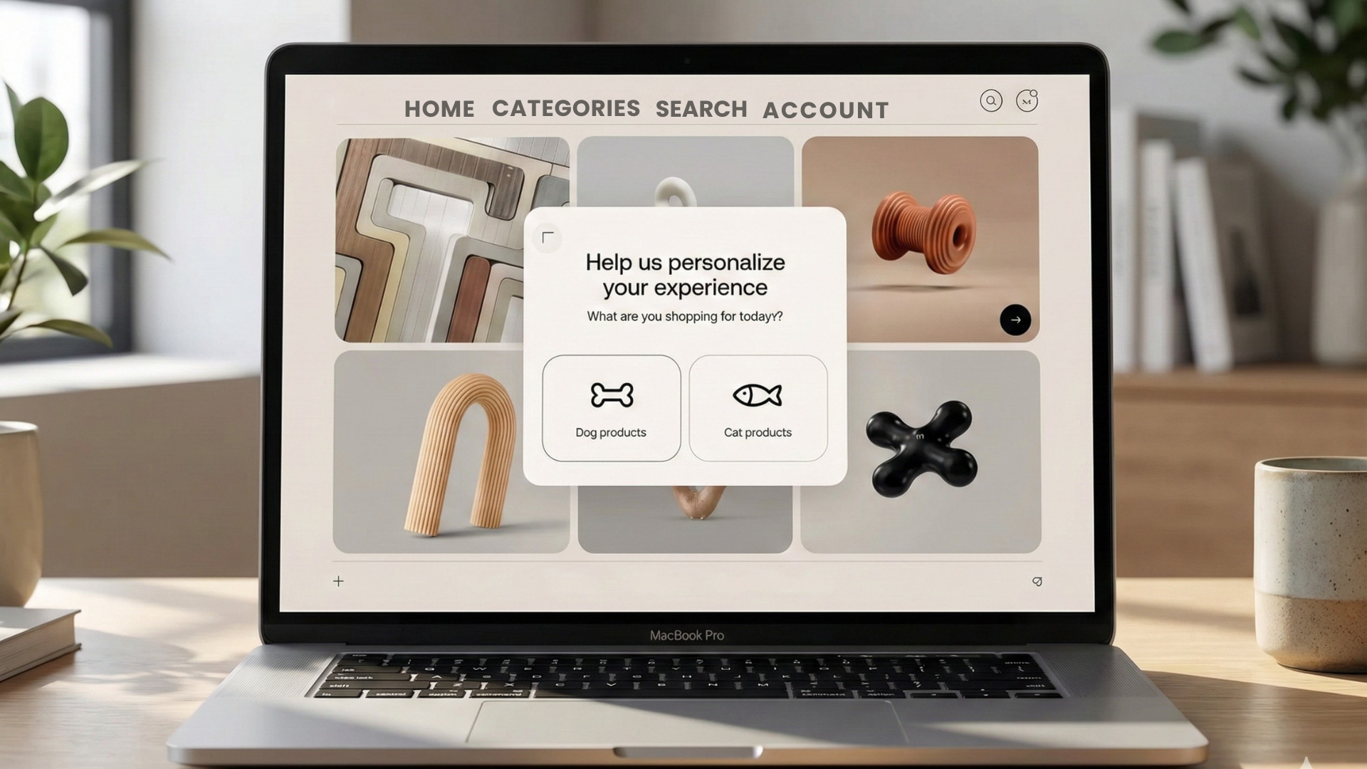 A desktop mockup of a Shopify store using an interactive quiz popup for zero-party data collection.