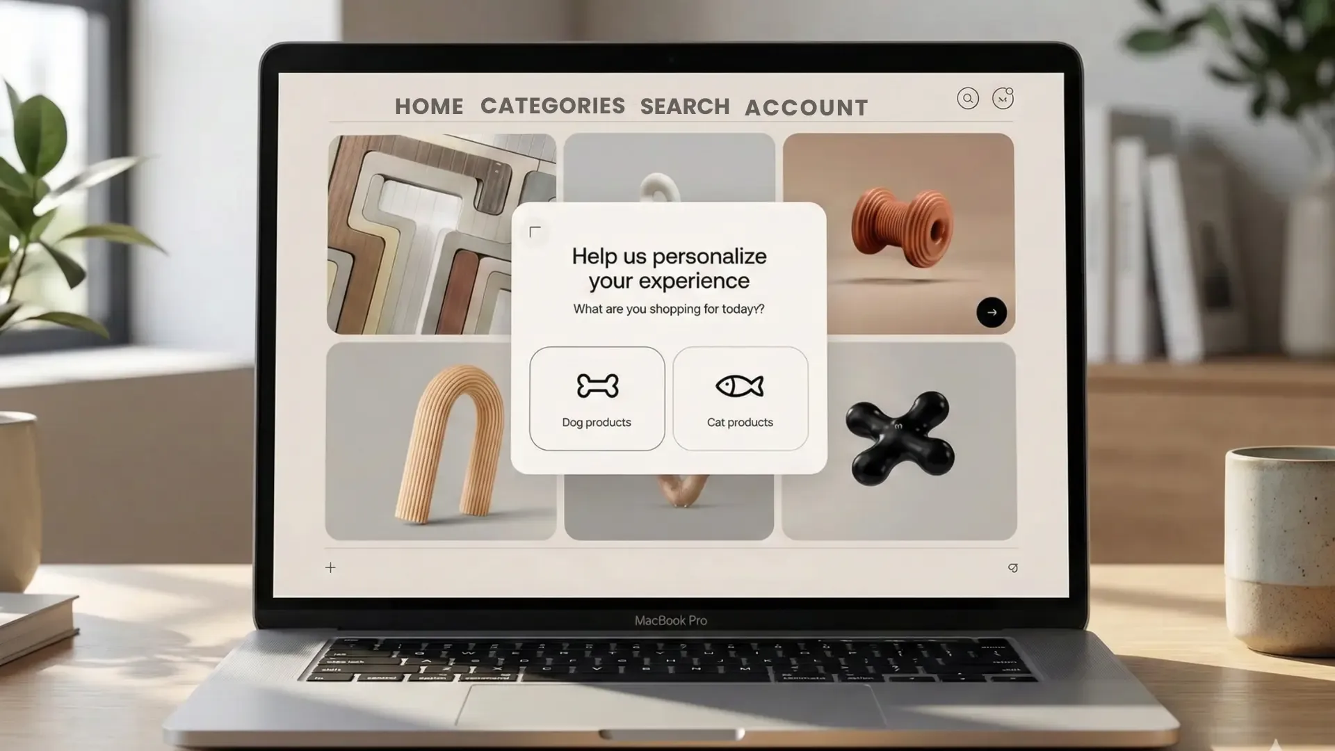 A desktop mockup of a Shopify store using an interactive quiz popup for zero-party data collection.