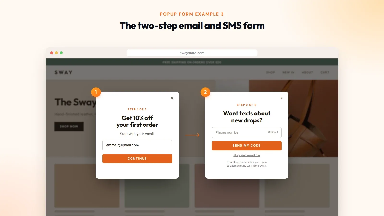 two step email sms popup form