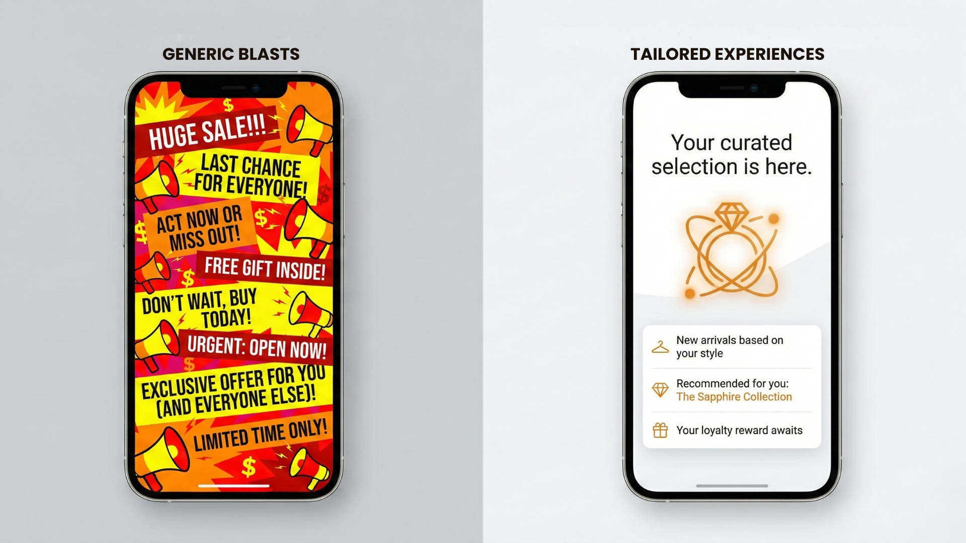 A before and after comparison showing how zero-party data collection transforms generic email blasts into personalized marketing experiences.