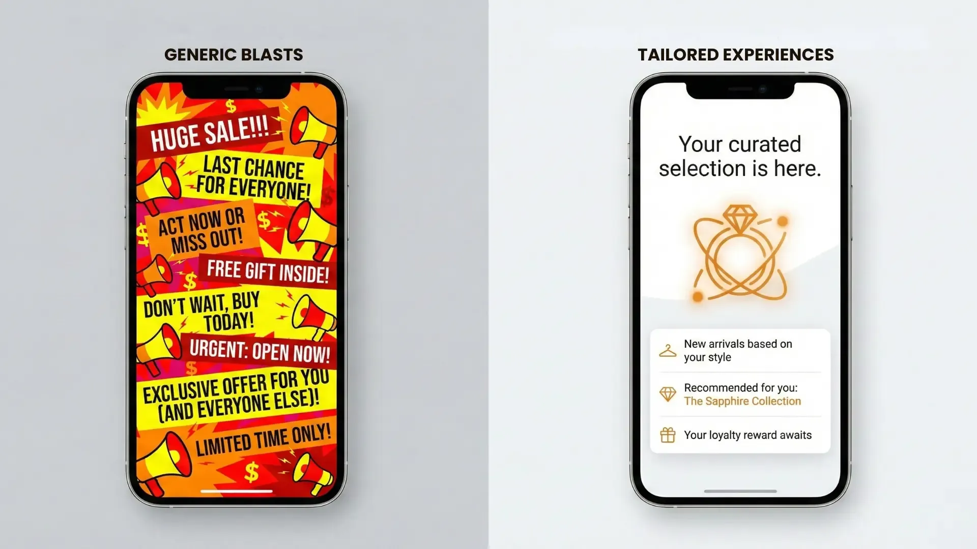 A before and after comparison showing how zero-party data collection transforms generic email blasts into personalized marketing experiences.