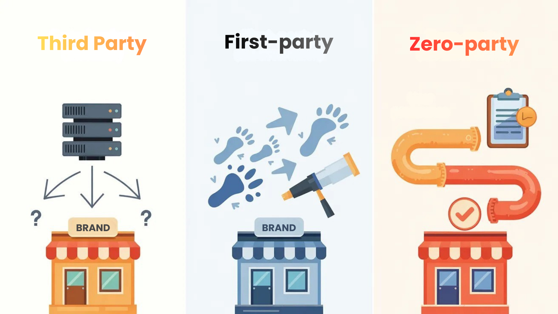 A three-panel infographic comparing the differences between third-party, first-party, and zero-party data collection for e-commerce stores.